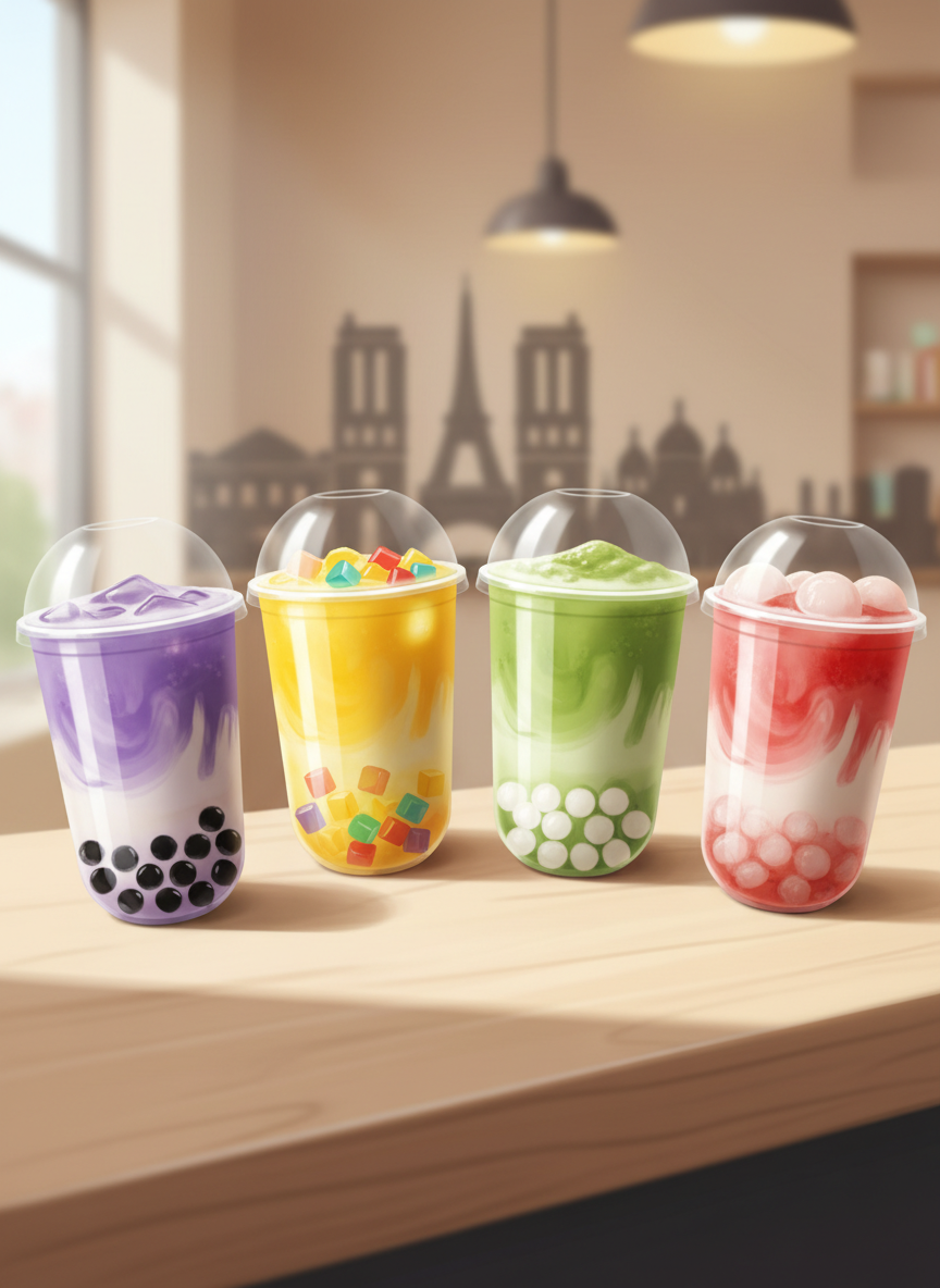 A digital-art scene of a colorful lineup of customizable bubble teas arranged in a gentle arc on a light wooden counter, each drink different: taro purple with black pearls, sunny mango with rainbow jelly, creamy matcha green with white pearls, and strawberry pink with lychee pieces. Transparent cups reveal layered gradients and textures. Behind them, an abstracted Paris skyline with simple, stylized outlines of iconic monuments appears softly blurred, suggesting five different locations. Warm, diffused indoor lighting combined with a cool daylight glow from an implied window creates vivid reflections on the cups. The atmosphere is energetic and playful, with a slightly elevated angle that captures the full variety, rendered in crisp, vibrant digital-art with smooth shading and a friendly, modern aesthetic.