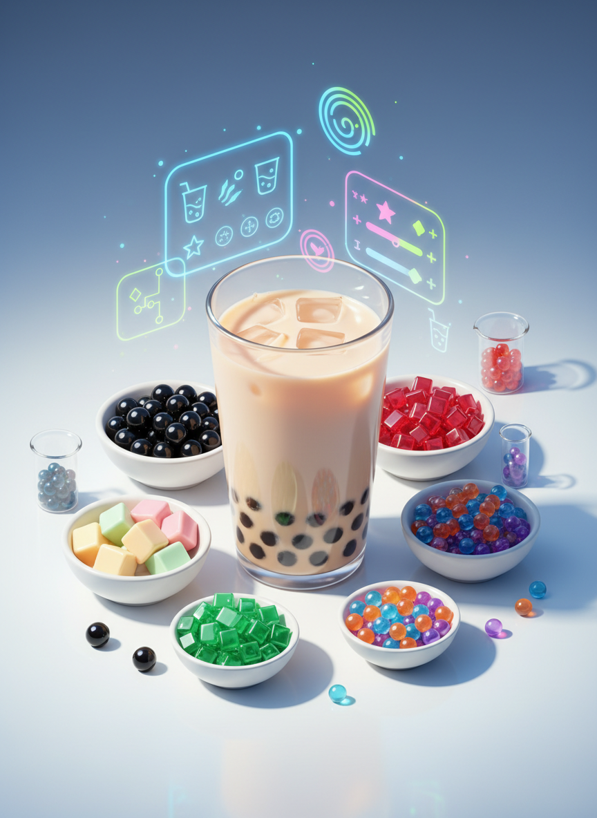 A dynamic digital-art illustration of a bubble tea “flavor laboratory” scene, showcasing customization. On a bright, clean surface, a central transparent cup is half-filled with pale milk tea, while small, open containers around it hold different toppings: glossy black pearls, pastel pudding cubes, sparkling fruit jellies, and tiny popping boba rendered like translucent gems. Abstract icons resembling flavor choices and sliders float around the cup as holographic overlays, hinting at personalization without any real text. Cool, focused lighting from above creates crisp highlights and delicate shadows, accentuating textures. The composition is slightly top-down, revealing each detail clearly, with a playful, high-tech yet friendly mood. The style is vibrant digital-art, with smooth gradients and a polished, modern interface feeling, ideal for illustrating how customers can customize their bubble tea.