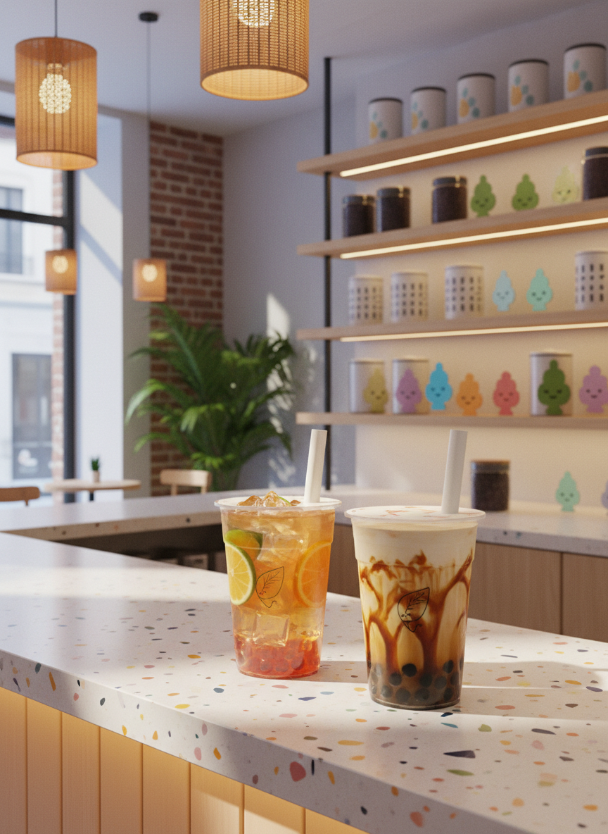 A cozy digital-art interior of a Chatime-style bubble tea shop in Paris, focusing on a minimalist counter scene. In the foreground, two detailed bubble tea cups sit side by side, one iced fruit tea with bright citrus slices floating, the other creamy brown sugar milk tea with caramel-like streaks clinging to the sides. The counter is a pale terrazzo with colorful specks, and behind it rise sleek shelves with neatly arranged tea canisters and playful, non-text mascot silhouettes shaped like smiling tea leaves. Warm pendant lights cast a soft golden glow, mixing with cool daylight from an off-screen street window, creating gentle reflections and shadows. Shot at eye level with moderate depth of field, the mood is welcoming, urban, and slightly whimsical, perfect for a Parisian bubble tea break.