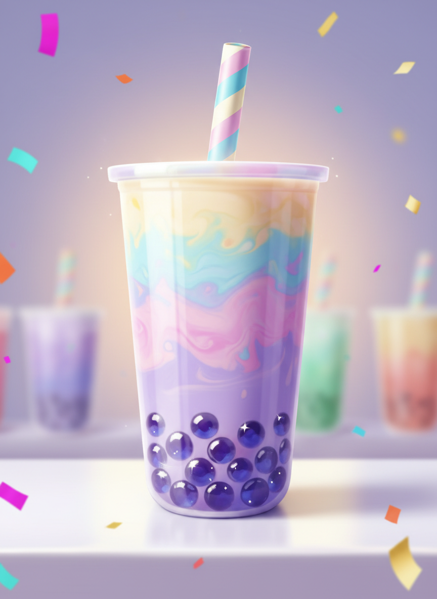 A playful digital-art illustration of a tall, transparent plastic cup of bubble tea filled with pastel-colored milk tea and oversized glossy tapioca pearls, each pearl catching tiny highlights. The cup stands on a clean white counter with a subtle lavender tint, surrounded by softly blurred silhouettes of other vibrant drinks in the background. Soft studio lighting from the front creates gentle reflections on the cup and straw, with a faint glow behind it for depth. The mood is fun, fresh, and inviting, with confetti-like abstract shapes floating lightly around the edges. Composed at eye level with a shallow depth of field, the focus is sharp on the cup’s textures and swirling colors, in a bright, modern digital-art style.